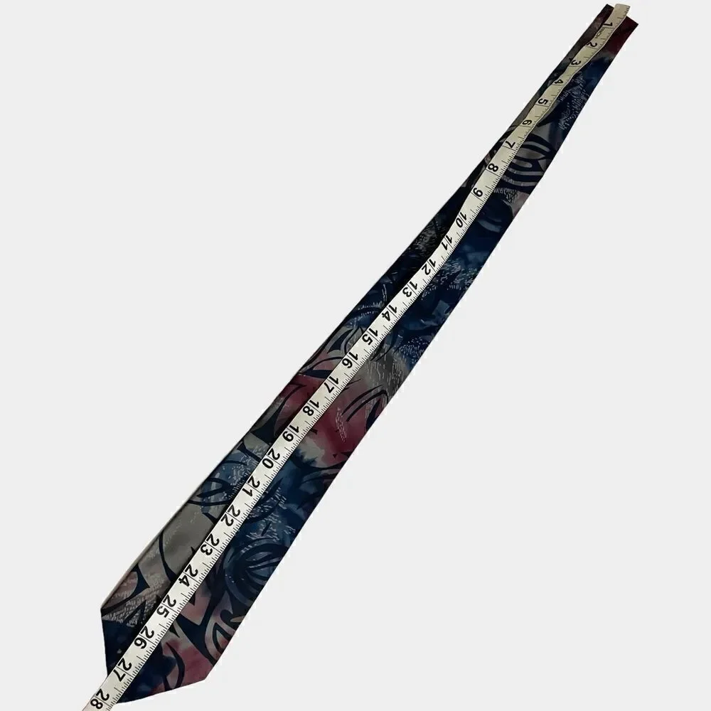 Grey red and blue abstract leaf pattern silk neck tie